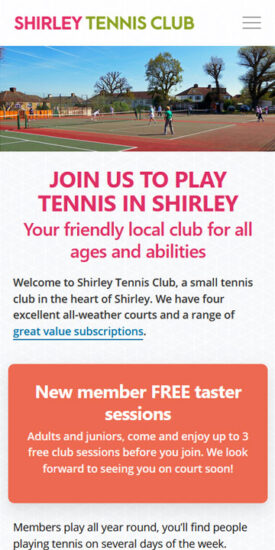 Shirley Tennis Club website - mobile version